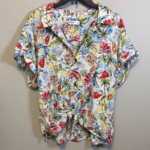 Sonoma Top Women's X-Large Linen Blend Cap Sleeve Tropical Vacation Button Up